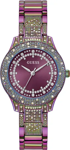 Guess Quarzuhr SHOOTING STAR GW0746L3 - Armbanduhr für Damen mit glitzerndem Zifferblatt und funkelnden Steinen. Hergestellt aus recyceltem Stahl im schimmernden Regenbogendesign, spritzwassergeschützt bis 30 Meter – ideal für jeden Anlass.