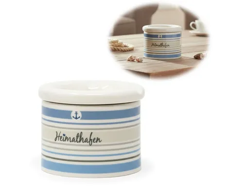 LS-LebenStil Aschenbecher Sturmaschenbecher Heimathafen 10x7,5cm Maritim Weiß Blau mit Deckel, Windaschenbecher Ashtray Tischaschenbecher Garten Balkon Deko
