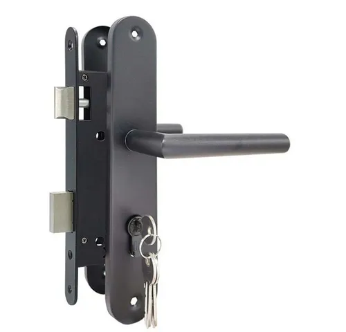 Einsteckschloss Set für Gartentür - schwarz, inkl. Edelstahl Griffe & Türschild - Vielseitiges Einsteckschloss-Set für Gartentüren, wechselbar für rechts/links, inklusive hochwertiger Edelstahlgriffe und 3 Sicherheitsschlüssel. Ideal für Innen- und Außenanwendungen.