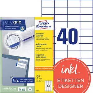 Zweckform 3651 Avery Etiketten - 52,5 x 29,7 mm, 4000 Stück, selbstklebend und ideal für alle Drucker, Made in Germany