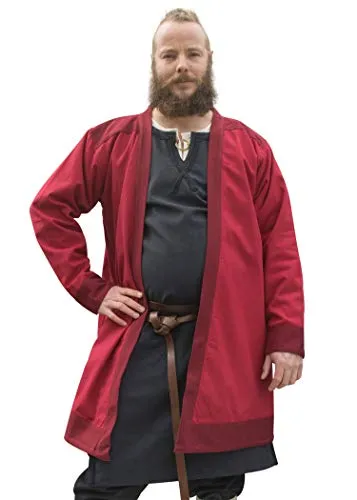 Battle-Merchant Klappenrock Bjorn Herren langarm knielang | Baumwolle Wikinger-Mantel Jacke Mittelalter | LARP Karneval Wikinger Lagerleben Lagerkleidung, Rot/Weinrot, Gr. L