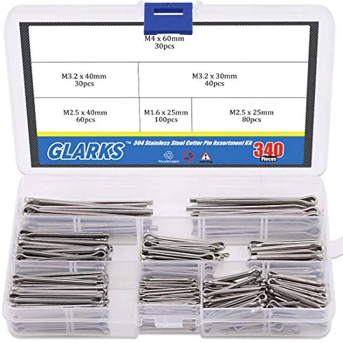 Glarks 340 Teile 6 Größen 304 Edelstahl Splinte Pin Clip Key Fastner Fitting Sortiment Kit für Automotive, Mechaniker, Auto-Garage, Elektrogeräte, Autos, LKW, Rasenmäher, kleine Motorreparatur