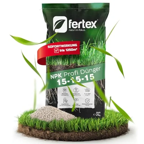 Fertex® Rasendünger 25 kg – NPK 15-15-15 für Frühjahr, Sommer & Herbst | Langzeitdünger gegen Moos | staubarm, mit Schwefel & für über 1000 m² | streuwagengeeignet