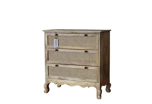 Baario Kommode WIENER Geflecht - Antik Design mit Schnitzerei - Elegante Kommode aus massivem Mangoholz mit robustem Bambusgeflecht. Ideal für stilvolle Schlafzimmer, vereint zeitloses Design und hochwertige Handwerkskunst.