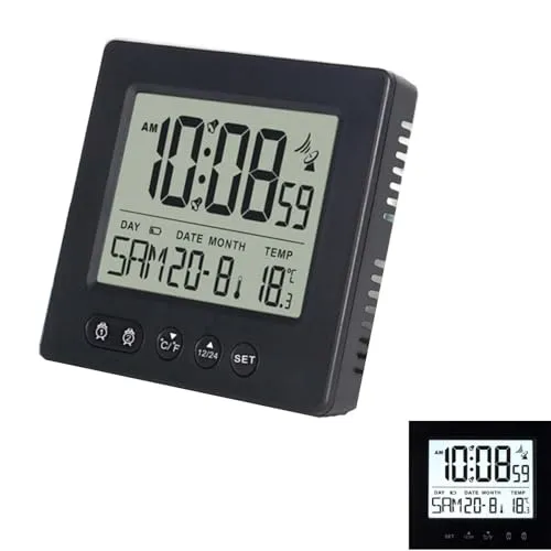 GOMETY Digitaler Funkwecker mit Thermometer Kalender Licht, Temperatur Funkuhr Woche Datumsanzeige Zwei Unabhängige Weckzeiten Automatische Einstellung Sommer-/Winterzeit Reisewecker (Schwarz)