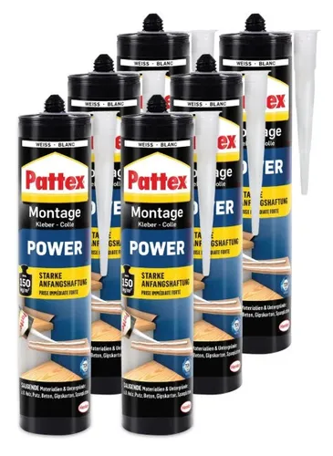 Pattex Montage Power 370 g - 6 Stück - Kleber & Leime, kraftvoller Montagekleber für starke und dauerhafte Verbindungen, ideal für Heimwerkerprojekte.
