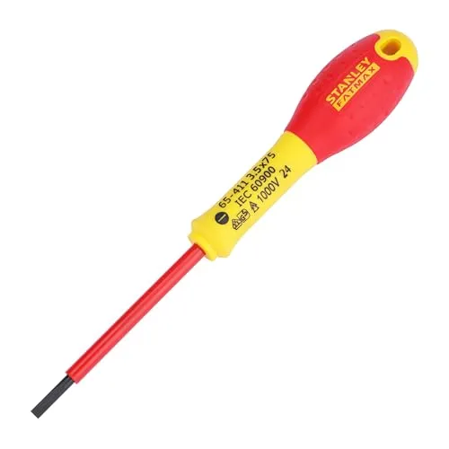 Stanley FatMax Schraubendreher Schlitz 0-65-411 (isoliert, VDE-konform, 3.5 mm, 75 mm Länge, Chrom-Vanadium, Soft-Grip, für Elektriker & sicheres Arbeiten an spannungsführenden Leitungen bis 1000V)