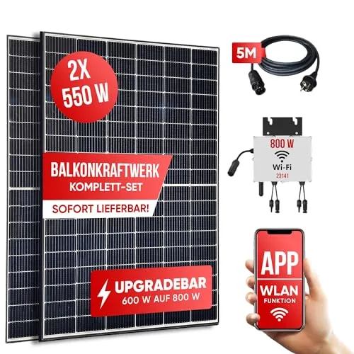 Jet-Line®| 1100 W Balkonkraftwerk 800 W | komplett Steckdose- Balkonkraftwerk |Balkonsolaranlage | Solaranlagen Komplettset |Wechselrichter 800/600 W drosselbar | Photovoltaikanlagen
