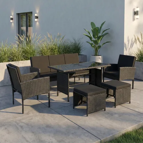 Home Collective Gartenmöbel Set 7-Sitzer | Lounge Outdoor Gartenlounge - Vielseitiges Gartenmöbel Set mit 3-Sitzer-Sofa, 2 Stühlen und 2 Hockern aus pflegeleichtem Polyrattan. Ideal für Terrasse und Garten, mit bequemen Polstern für entspanntes Verweilen im Freien.