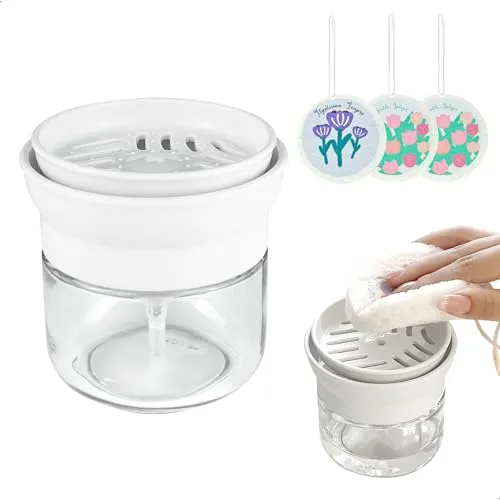 Soap Dispenser Kitchen, 2 in 1 Seifenspender und Schwammhalter mit Schwamm, Spülmittelspender Küche Einfaches Dosieren mit Einer Hand, für Spüllappen Schwammtücher, 280ml