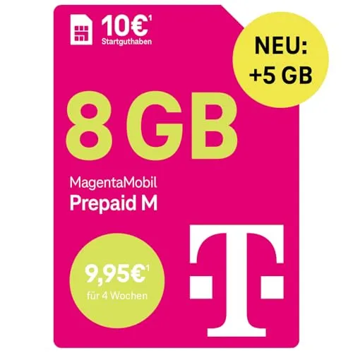 Telekom MagentaMobil Prepaid M - 13 GB Highspeed-Volumen - SIM-Karten mit 13 GB Highspeed-Daten, EU Roaming und Hotspot Flat. Unverbrauchtes Volumen wird mitgenommen, ideal für flexible Nutzer!