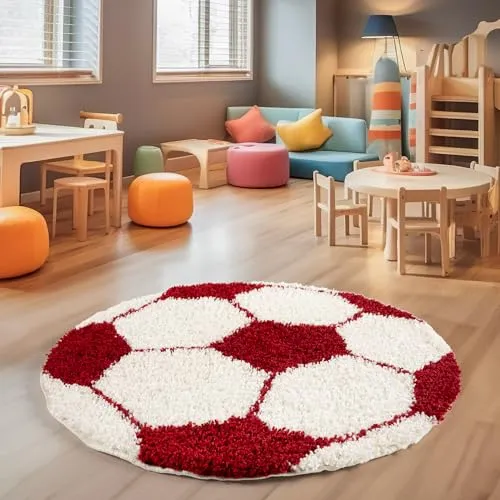 SIMPEX Hochflor Kinderteppich Rund Fußball Design Teppich Kinderzimmer Junge 100 cm Runder Teppich Rot und Weiß Spielteppich für Junge und Mädchen Extra Weich