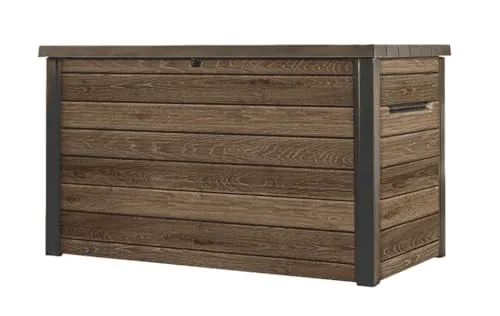 Keter Signature Aufbewahrungsbox 870L Walnuss - Wetterfeste Kissenbox - Gartenbox mit 870 Litern Stauraum, ideal für Kissen und Gartengeräte. Mit abschließbarem Deckel und eleganter Holzoptik für jeden Außenbereich.