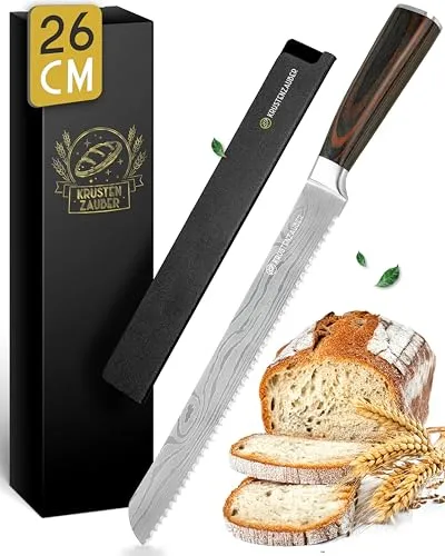 KRUSTENZAUBER 26 cm Brotmesser – Hochwertiges Wellenschliffmesser für perfektes Brotschneiden - Brotmesser mit 26 cm Edelstahlklinge, ideal für knusprige Krusten und weiches Innere. Ergonomischer Holzgriff sorgt für müheloses Schneiden und hohen Komfort in der Küche.