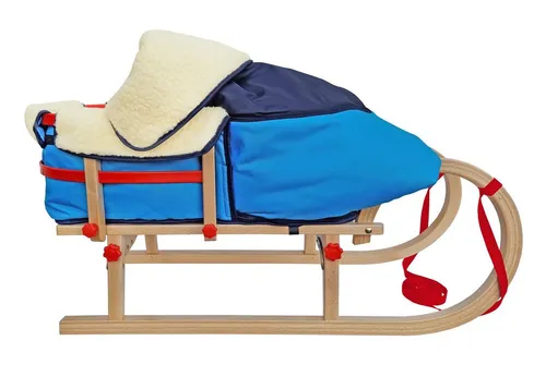 ERST-HOLZ Schlitten Rodelschlitten Klappschlitten aus Buche (mit Lehne und Fußsack blau), V-21-095