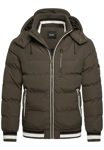 behype. Herren warme Winterjacke mit abnehmbarer Kapuze Kurze Steppjacke Outdoorjacke Jacket Puffer-Jacke (DE/NL/SE/PL, Alphanumerisch, M, Regular, Regular, Khaki)