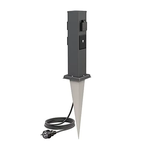 ledscom.de Garten-Steckdosen-Säule Polly mit Erdspieß und 2m Kabel für außen, IP44, 3-Fach, Smart Home, anthrazit, eckig, 38cm