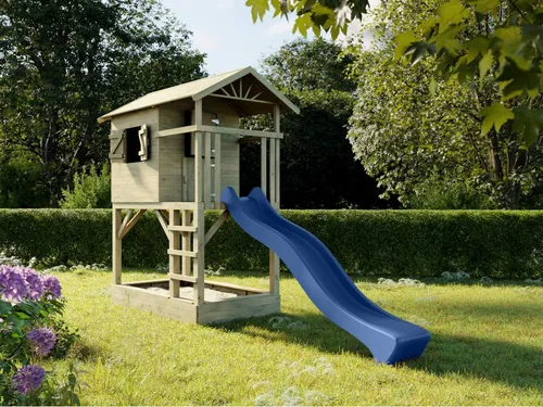Stelzenhaus Tree Hut mit Sandkasten und Rutsche blau - Das Stelzenhaus Tree Hut mit Sandkasten und Rutsche in Blau bietet Kindern ein spannendes Spielvergnügen im Freien. Robuste Konstruktion aus Kiefernholz, ideal für kreative Abenteuer und Bewegung. Perfekt für aktive Spielstunden!
