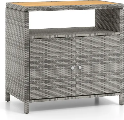 COSTWAY Rattan Gartenschrank mit Akazienholz Arbeitsplatte - Maximieren Sie Ihren Stauraum im Freien mit diesem stilvollen Rattan-Gartenschrank. Robuste Konstruktion und großzügige Ablagefläche bieten Platz für Ihre Outdoor-Essentials. Ideal für Terrasse und Garten.