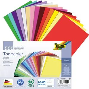 Folia Tonpapier 6450009 A4 130g 500 Blatt - Tonpapier in 25 leuchtenden Farben, perfekt für kreative Bastelarbeiten. Das kräftige, samtmatte Papier bietet eine ideale Grundlage für Kartengestaltungen. Made in Germany, 500 Blatt pro Packung.