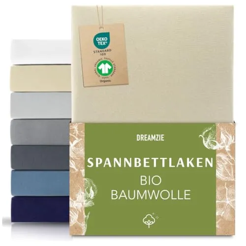 Dreamzie Premium Spannbettlaken 180x200cm bis 200x200cm Beige, Spannbetttuch aus 100% Jersey Biobaumwolle, 150 g/m² - Oeko-TEX