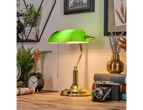 Hofstein Tischleuchte im Vintage-Design - Elegante Tischlampe aus Metall und Glas in Gold und Grün, ideal für Büros. Schreibtischlampe mit Zugschnurschalter, E27-Fassung, 1-flammig, sorgt für stilvolle Akzente.
