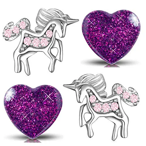 Kinder Mädchen Ohrringe aus echt 925 Sterling Silber Schmuck Set Edelstahl Ohrstecker rosa Einhorn Pferde Herz (K982+K296 Kristall Glitzer)