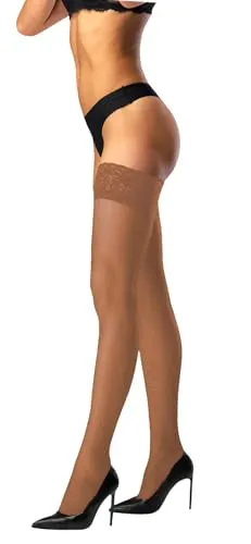 JUST BEAUTY TOUCH Blickdichte halterlose Spitze für Damen, oberschenkelhohe, Silikon-Top, 60 Denier, Strümpfe, florale Spitze (M/L, Opal)