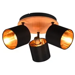 Reality Leuchten Strahler Tommy R81333930 - Elegante Deckenleuchte - Deckenleuchte Tommy 3-flammig in Schwarz mit Holzdekor und Stoffschirmen, ideal für stilvolle Wohnräume. Exklusive Gestaltung, Leuchtmittel nicht enthalten.