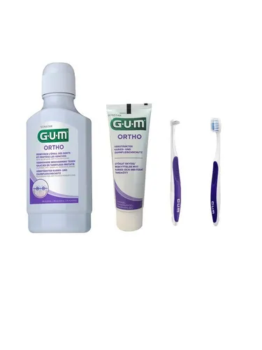 GUM Zahnpasta GUM Set Ortho Mundspülung + Zahnpasta + Zahnbürste + Einbüschelbürste, (0-St)