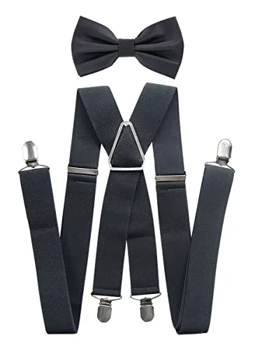 axy Hosenträger mit Fliege set für Herren 4 Stabile Clips X Form 3,5cm Breit (Dunkelgrau)
