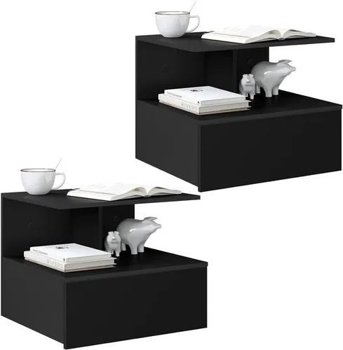 Woltu Nachttisch Set - Hängendes Wandregal mit Schublade, Schwarz - Nachtkonsolen Set mit modernem Design, bietet praktischen Stauraum durch eine Schublade und ist ideal für platzsparende Wandmontage.