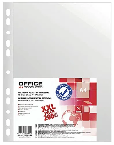 Dokumentenhüllen OFFICE PRODUCTS PP A4 Genarbt 40 Mikron 200St / / Typ-Genarbt/Art-Standard/Material-Pp/Farbe-Transparent/Format-A4 / Dicke [mm]-40µm / Abmessungen (mm)-230x300