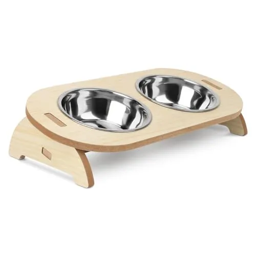 OWill Erhöhter Katzennapf mit Holzständer - Fressnäpfe für Katzen mit 15° geneigtem Design für mehr Komfort und weniger Halsbelastung. Hergestellt aus hochwertigem Edelstahl, rostfrei und leicht zu reinigen. Ideal für Katzen und kleine Hunde.