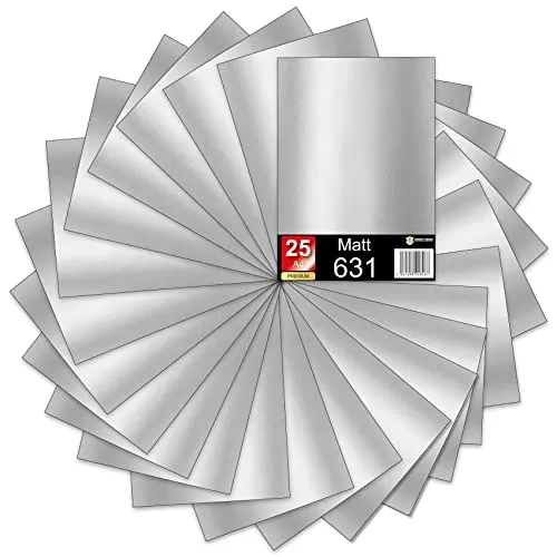 Din A4 Bögen je 29,7x21cm 621/631 Selbstklebende Plotterfolie im Set Folie Vinyl Folie zum Plotten DIY Bastelfolie Sticker Beschriftungen Aufkleber (Silbergrau matt, 25er Set)