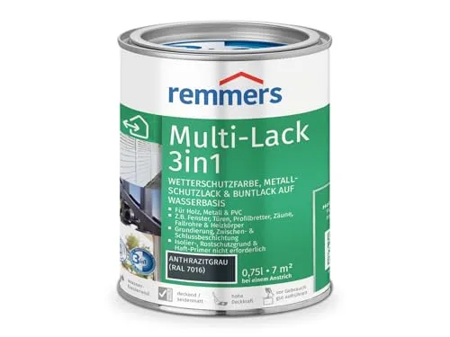 Remmers Multi-Lack 3in1 anthrazitgrau (RAL 7016) 0,75 l - Vielseitiger Lack für Holz, Metall & PVC, bietet hervorragenden Wetterschutz und Rostinhibierung. Ideal für Innen- und Außenanwendungen.