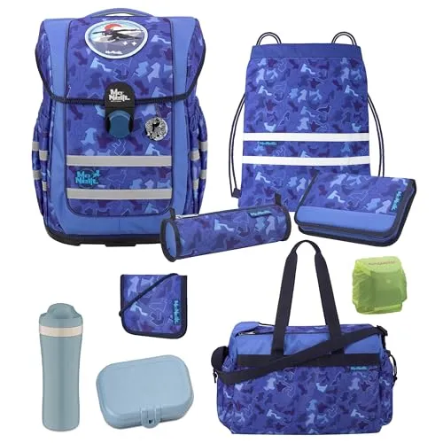 Familando McNeill Schulranzen 1. Klasse · ergonomischer Tornister · Schultasche für Jungen und Mädchen im Set (9-teiliges Set, Puzzle; Blau)