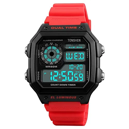 TONSHEN Herrenuhr 50M Wasserdicht Sportuhr LED Elektronik Digitaluhr Outdoor Militär Multifunktional Plastik Uhren und Kautschuk Band Armbanduhr (Rot)