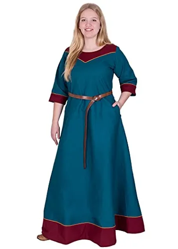 Battle-Merchant Mittelalter Kleid Damen Gesine lang - Wikinger Kostüm mit Taschen (Petrol, XL) - Hochwertiges Mittelalterkleid aus schwerem Canvas-Stoff, ideal für Märkte und Karneval. Praktische Taschen und elegantes Design machen es zum perfekten Begleiter für historische Darstellungen.