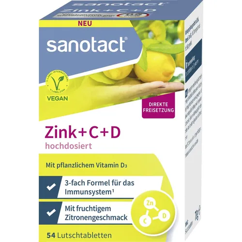 sanotact Zink+C+D hochdosiert | Zink VItamin C und D Lutschtabletten | Zitronengeschmack | Immunsystem | 54 vegane Tabletten