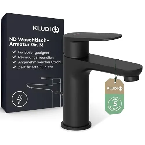 KLUDI-X1 Niederdruck Waschtischarmatur - Wassersparender Wasserhahn in Schwarz Matt - Touch-On-Wasserhahn für Badezimmerwaschbecken, edles Design in Mattschwarz, sorgt für angenehmen Wasserfluss und spart Wasser und Energie.