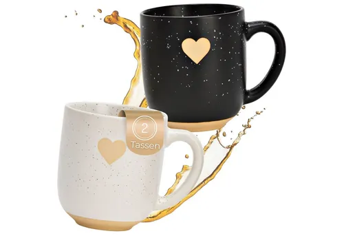 matches21 HOME & HOBBY Tasse Kaffeetassen 2er Set in Schwarz & Weiß mit Goldherz, 2-tlg., Keramik, Steingut-Tassen im Landhausstil 300 ml