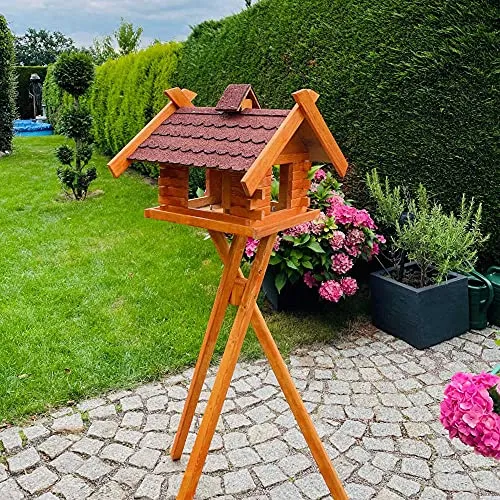 DARLUX Rechteckiges Vogelhaus M - XL wetterfest aus Holz Vogel Futterstelle Haus mit und ohne Ständer (Größe XL mit Ständer, Rot - Braun)