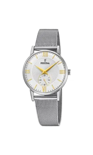 FESTINA analog F20572/2 Damenuhr - Elegante Armbanduhr für Damen mit weißem Zifferblatt und Quarzwerk. Das Edelstahlarmband in Silber und die Wasserdichtigkeit bis 3 bar machen sie zum idealen Begleiter für jeden Anlass.