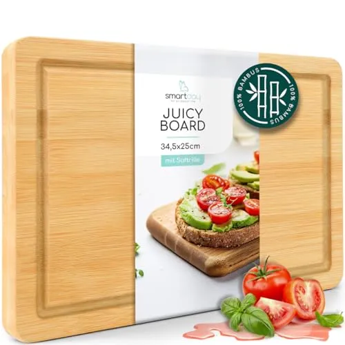smartday Küchen Schneidebrett Holz für Gemüse & Fleisch mit Saftrille 34 x 25 cm – Bambus Holzbrett, Küchenbrett, Schneidbrett, Massives Holzschneidebrett