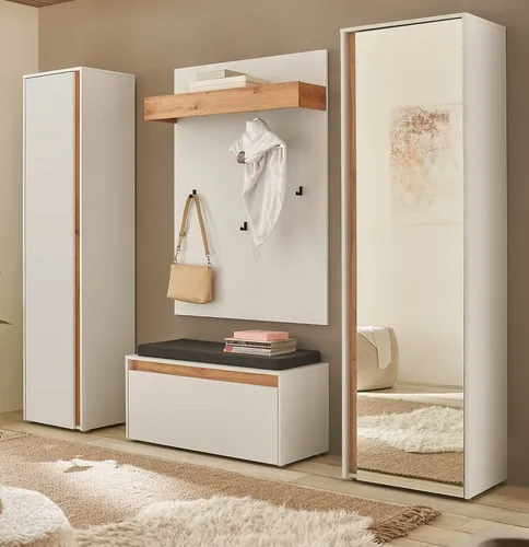 Furn.Design Garderoben-Set Center - Modernes 5-teiliges Flurgarderobe - Drohnen - Elegantes Garderoben-Set in Weiß und Wotan Eiche, bietet vielseitige Stauraumoptionen und individuelle Anpassungsmöglichkeiten für jeden Flur.