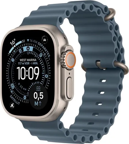 Apple Watch Ultra 3 GPS + Cellular 49mm - Titan Gehäuse mit blauen Ocean Band - Smartwatch mit 42 Stunden Akkulaufzeit, Schnellladung und robustem Titan-Gehäuse für Abenteuer und Sport.