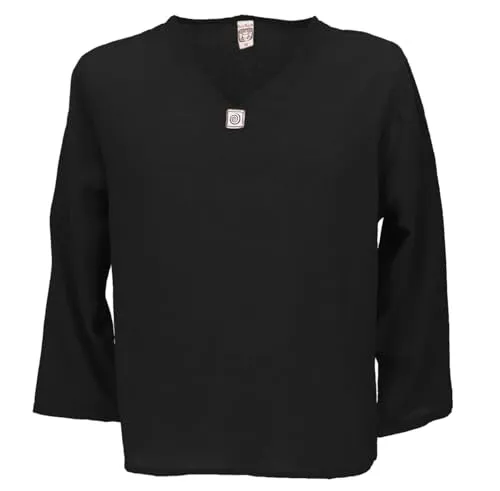 GURU SHOP Yoga Hemd, Alternatives Baumwollhemd, Leichtes Freizeithemd, Langarm Schlupfhemd - Schwarz, Herren, Baumwolle, Size:XL