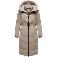 Navahoo Steppmantel Herbstnebel 14 - Langer Damen Wintermantel mit Taillengürtel in Braun - Modischer Damenmantel aus 100% Polyester, windabweisend und mit regulierbarer Kapuze. Ideal für kalte Tage und stilvolle Auftritte. Größe S (36), tailliert mit praktischem 2-Wege-Reißverschluss.