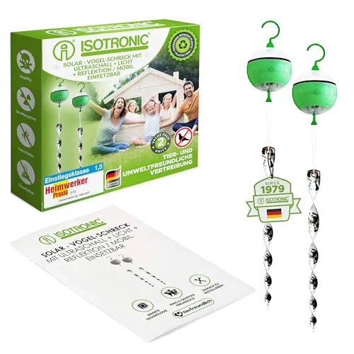 ISOTRONIC Solar-Vogelabwehr | 4-Fach Schutz gegen Tauben & Vögel | Effektiv für Garten & Dach - Effektive Vogelabwehr mit 4 Funktionen: Bewegung, Ultraschall, blaues Licht & Reflexion. Ideal für Gärten und Dächer, um unerwünschte Besucher nachhaltig zu vertreiben.